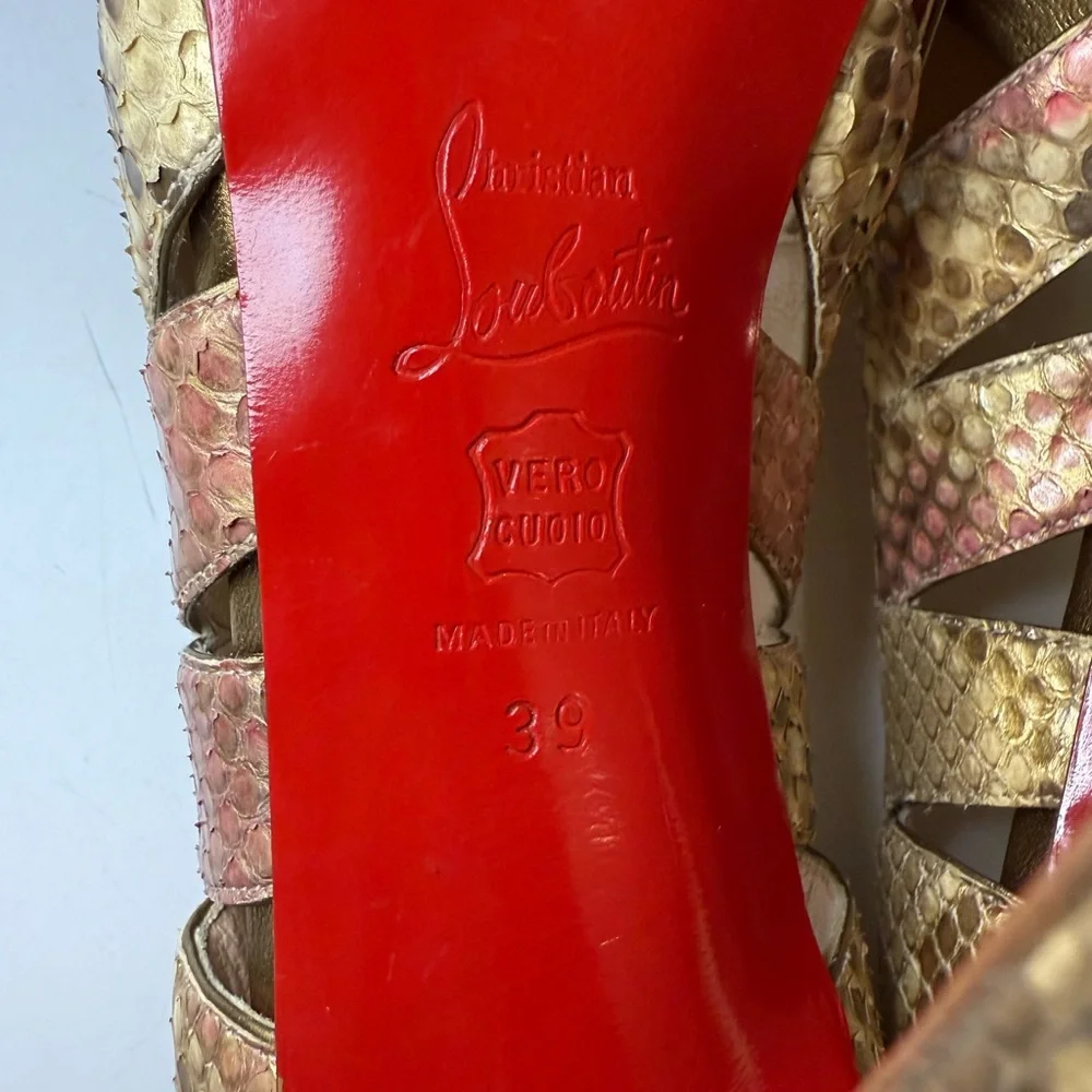 Christian Louboutin Fontanete Pink and Gold Metallic Snakeskin Peep Toe Pumps 39
